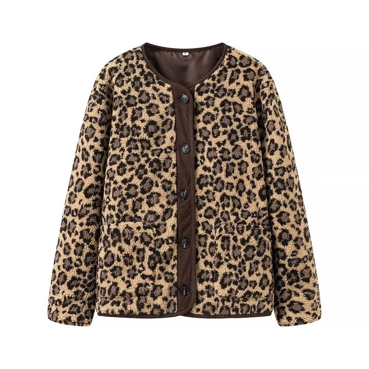 Women’s faux sheepskin jacket with leopard pattern, cord trim, full button placket, and patch pockets Mune Fashion
