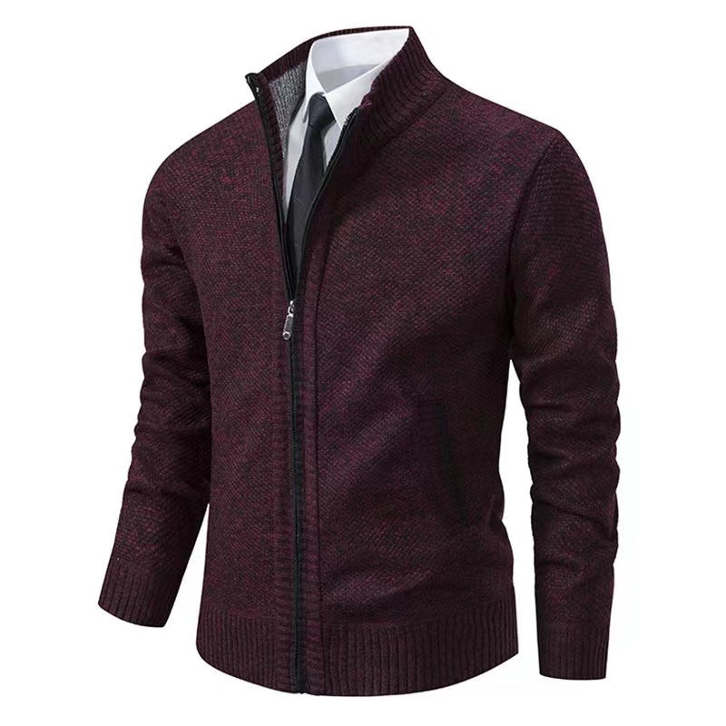 Men's melange knit zip jacket with high stand-up collar, fine texture and concealed side pockets Mune Fashion