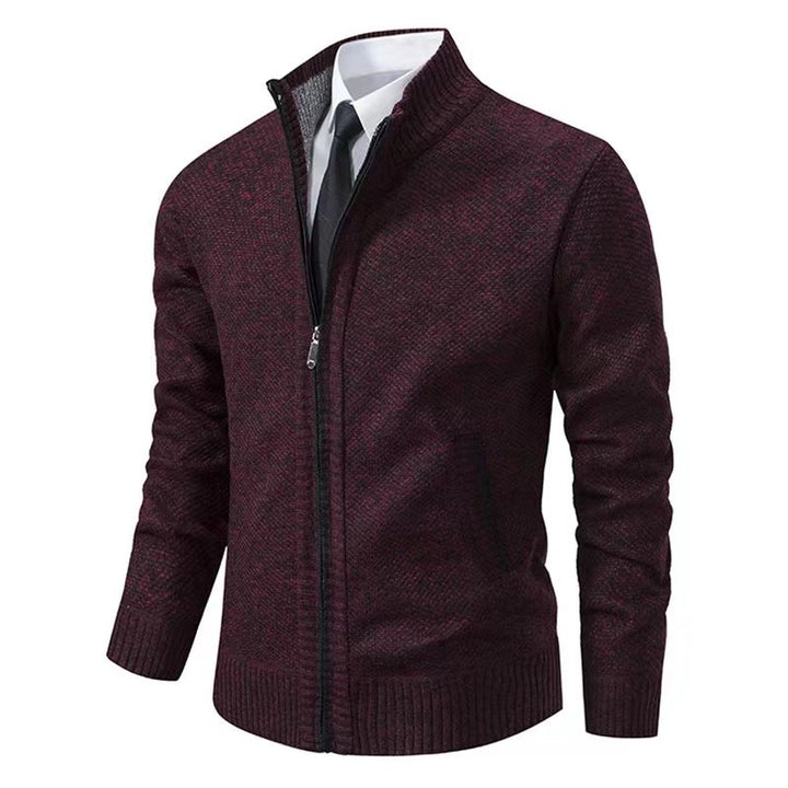 Men's melange knit zip jacket with high stand-up collar, fine texture and concealed side pockets Mune Fashion