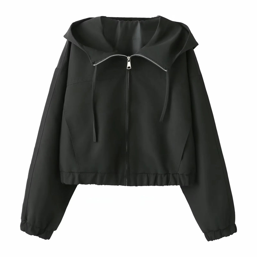 Women's cropped hooded windbreaker with concealed zipper, elastic hem, and clean oversized fit Mune Fashion