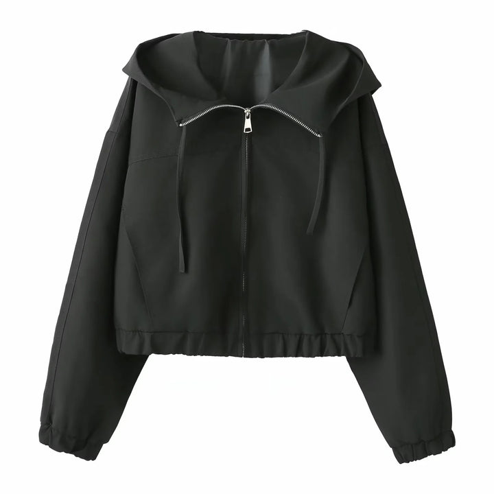 Women's cropped hooded windbreaker with concealed zipper, elastic hem, and clean oversized fit Mune Fashion