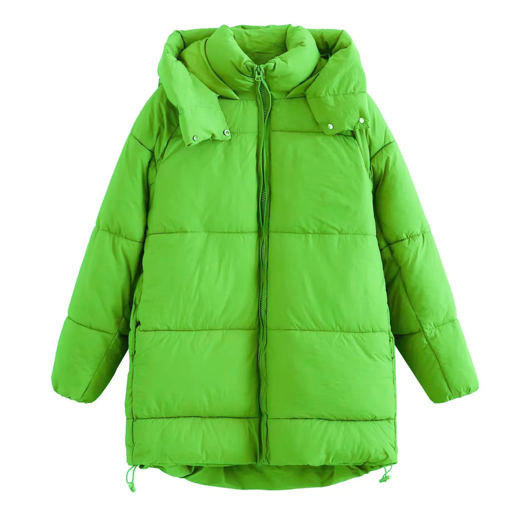 Women's quilted long puffer with high collar, concealed zip and drawstring hem Mune Fashion