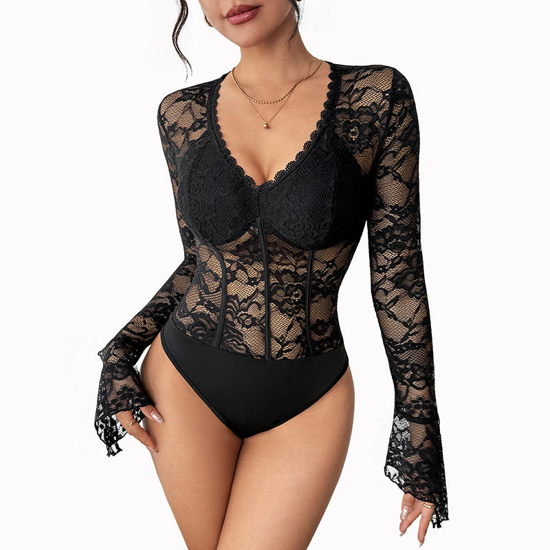 Ladies tailored lace corset body with V-neck, long trumpet sleeves and shaping underwires