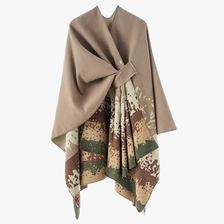 Women's cape poncho with integrated tie loop and two-layer jacquard fall Mune Fashion