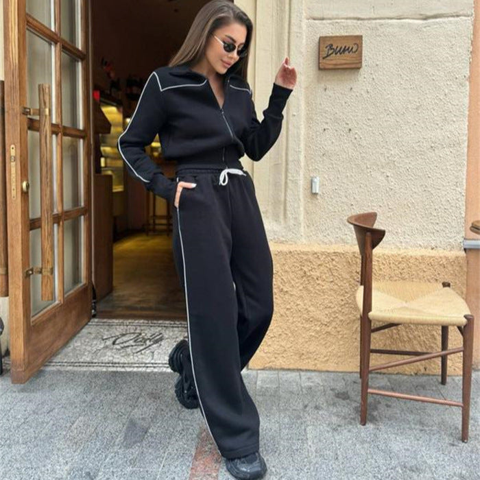 Women's Two-Piece Tracksuit Set with Stand-Up Collar, Contrast Piping and Wide Leg Mune Fashion