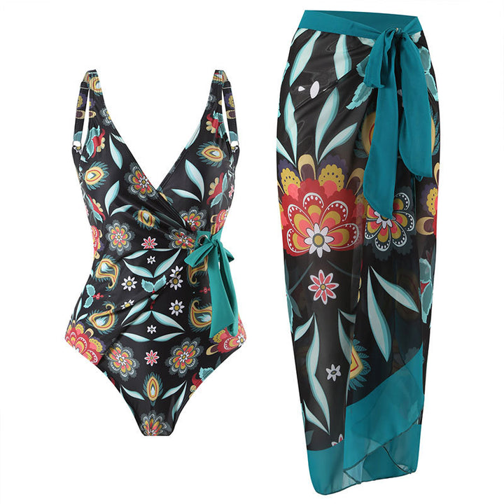 Women's One-Piece Swimsuit with Floral Wrap Skirt Mune Fashion
