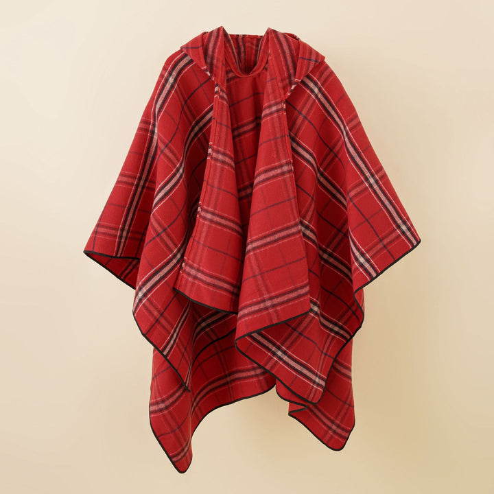 Ladies' hooded poncho with plaid pattern, softly draping wool blend and open oversized fit
