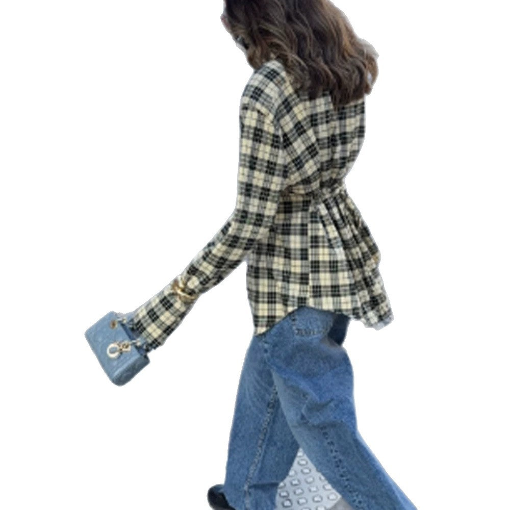 Women's Check Shirt Jacket with Emphasized Shoulders and Oversized Cut Mune Fashion