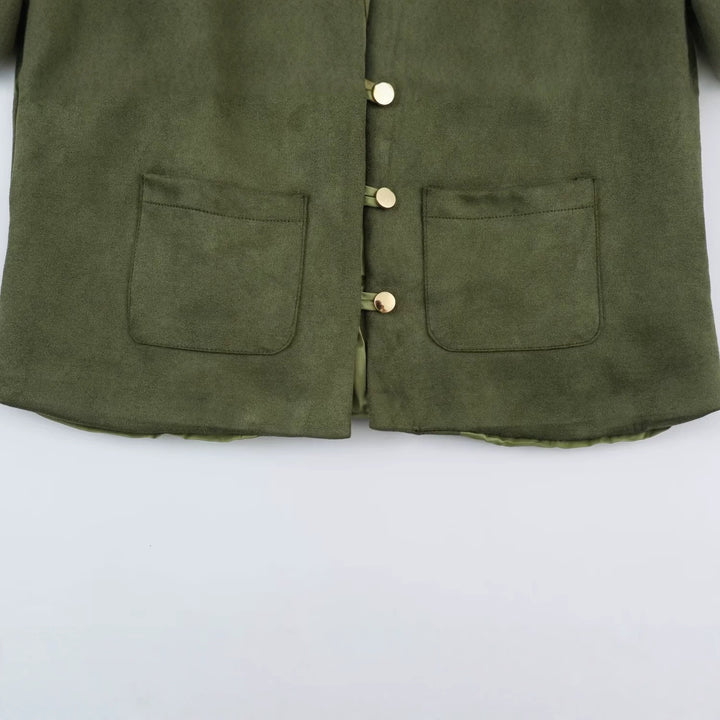 Women's short jacket in Mandarin style made of suede look with patch pockets and decorative buttons Mune Fashion