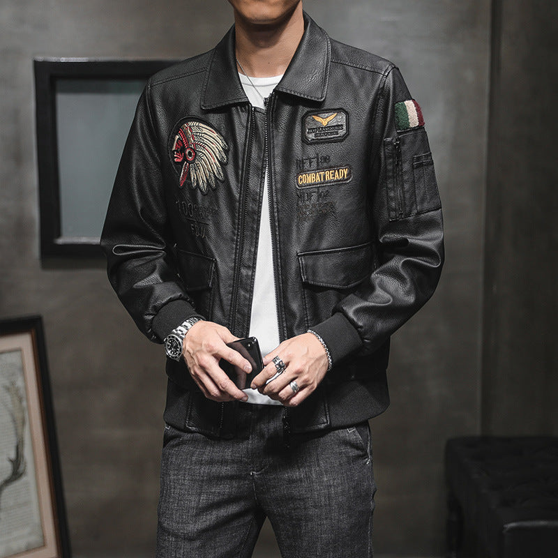 Men's bomber jacket in pilot look made of faux leather with applied patches and multifunctional pockets Mune Fashion