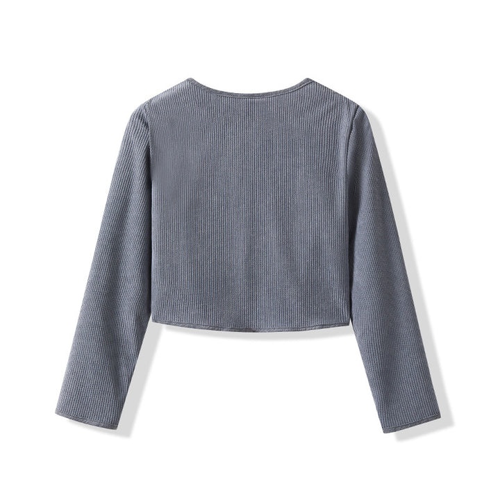 Women Cropped Round Neck Cardigan with Press Buttons made of Ribbed Knit Mune Fashion