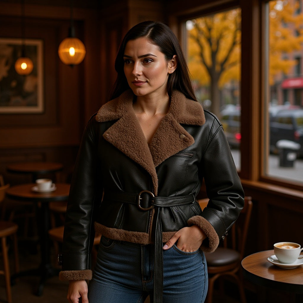 Women Short Flight Jacket Made of Faux Leather with Teddy Fur Collar and Waist Belt Mune Fashion