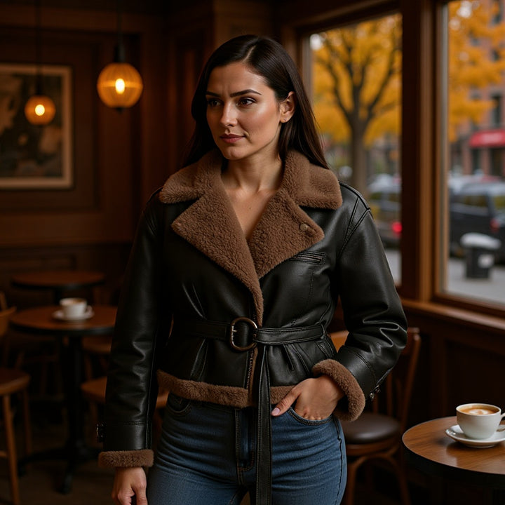 Women Short Flight Jacket Made of Faux Leather with Teddy Fur Collar and Waist Belt Mune Fashion