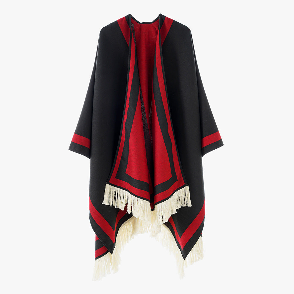 Women Rectangular Cape Poncho with Graphic Border Stripe, Fringes and Boxy Silhouette Mune Fashion
