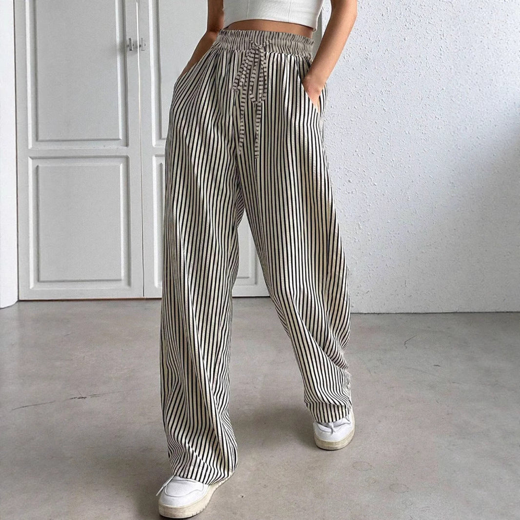 Women's Marlene striped pants made of linen blend with wide leg, elastic waistband and drawstring Mune Fashion