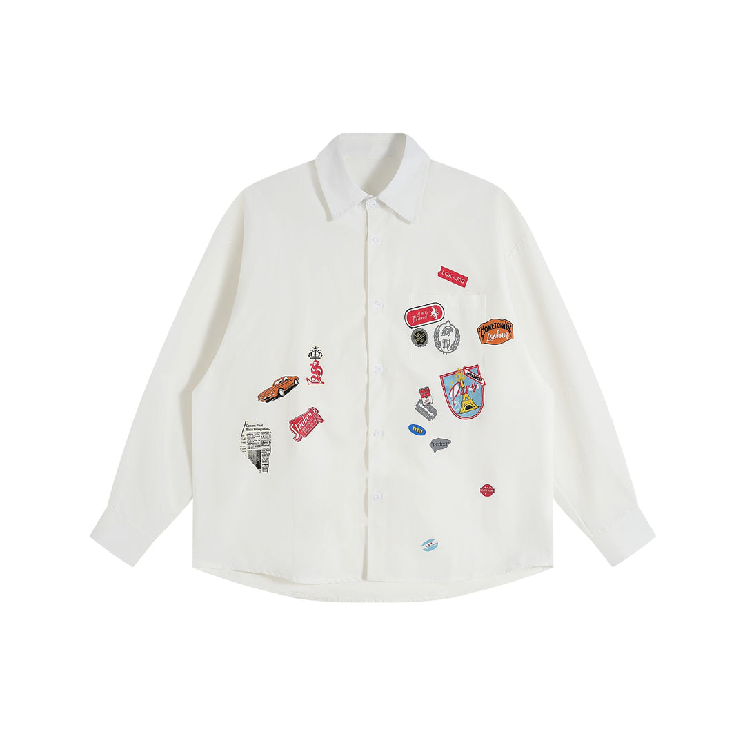 Unisex Loose Button-Down Shirt with vintage-inspired emblem patches and pocket Mune Fashion