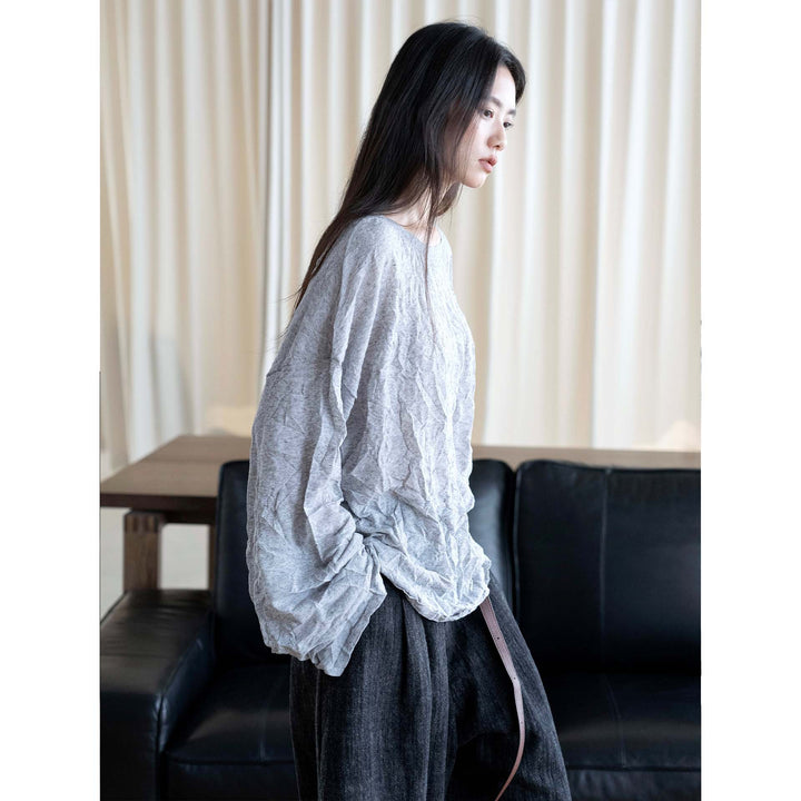 Women's Crinkled Oversize Blouse made of Linen Blend with Textured Pleated Look Mune Fashion