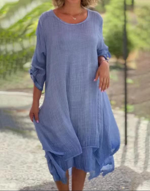 Ladies wide muslin midi dress with round neckline, roll-up half-length sleeves, and layered tiered skirt Mune Fashion