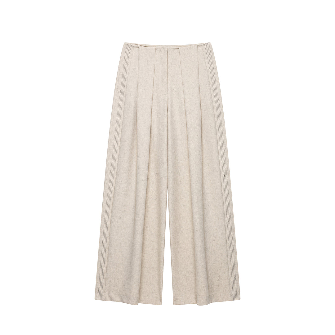 Women's Wide Linen Trousers with Darts and Decorative Stitches Mune Fashion