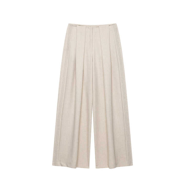 Women's Wide Linen Trousers with Darts and Decorative Stitches Mune Fashion