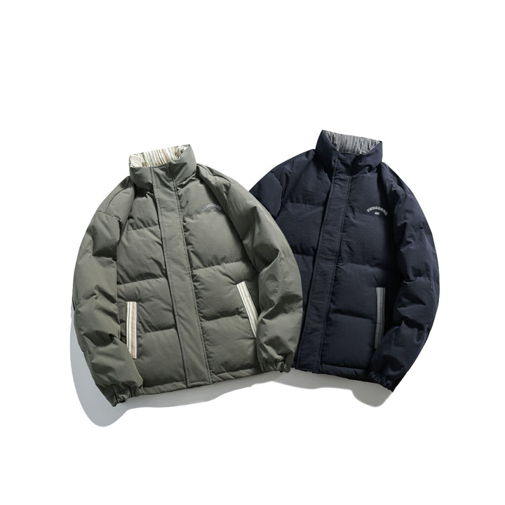 Unisex Short Cut Padded Puffer Jacket with High Stand-Up Collar and Striped Pocket Flaps Mune Fashion