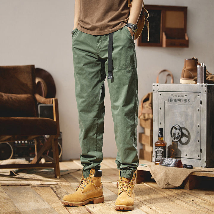 Men's Military-inspired Tapered Cargo Joggers made of durable cotton twill with integrated web belt and ribbed ankle cuffs Mune Fashion