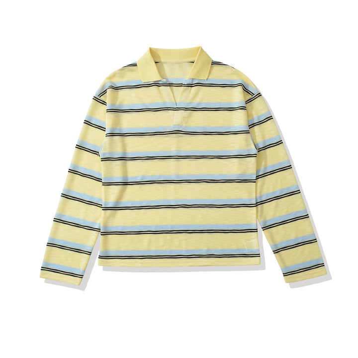 Men's knit polo shirt with open V-neck and fine stripe pattern Mune Fashion