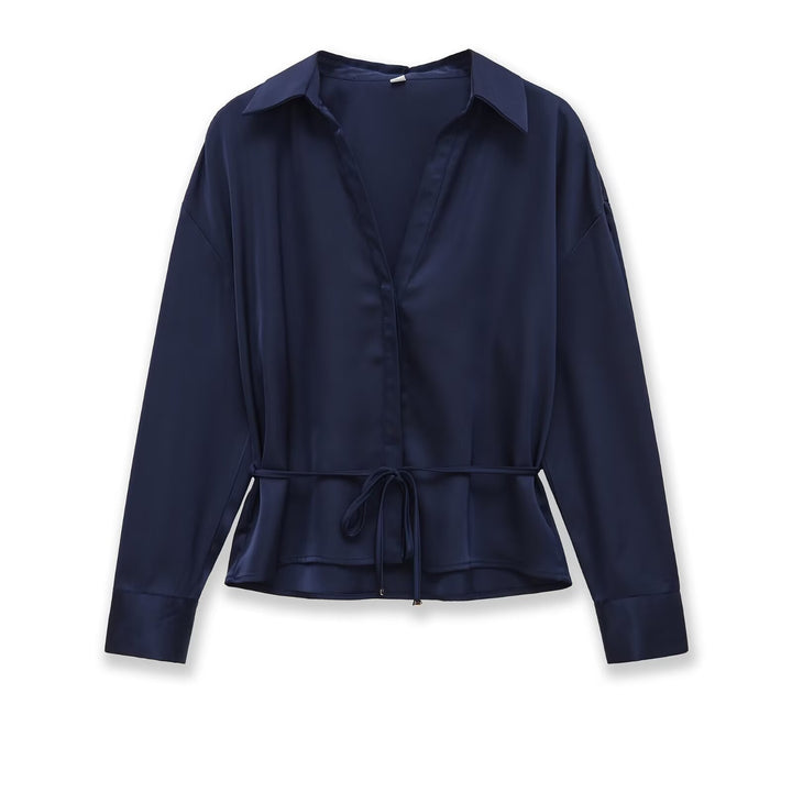 Women's Silk Blouse Shirt with Tie Belt and Peplum Mune Fashion