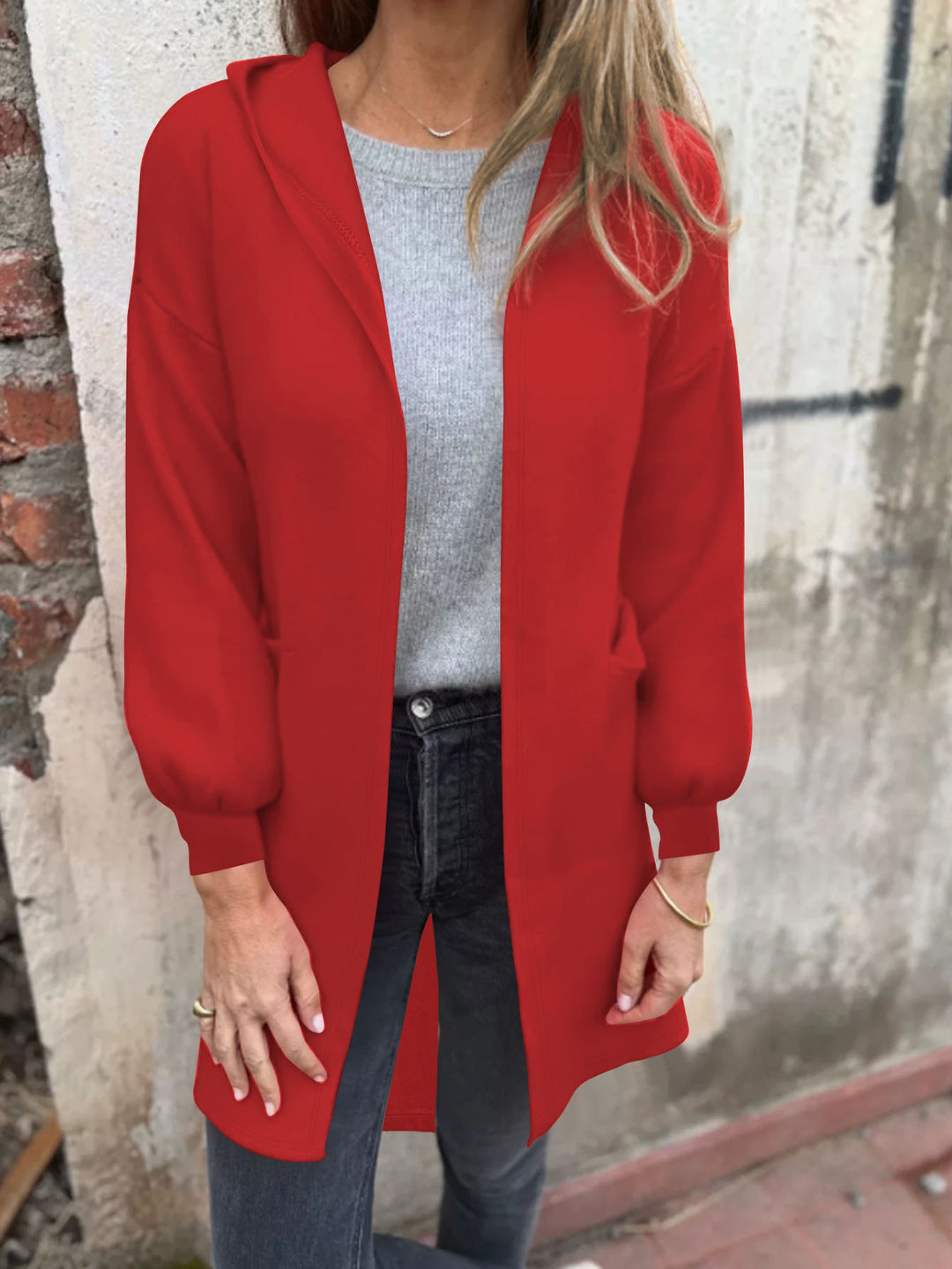 Women Open Long Blazer with Hood and Patch Pockets Mune Fashion