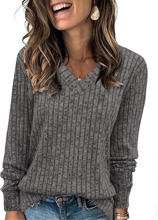 Women's Ribbed V-Neck Fine-knit Sweater with Casual Oversized Fit Mune Fashion