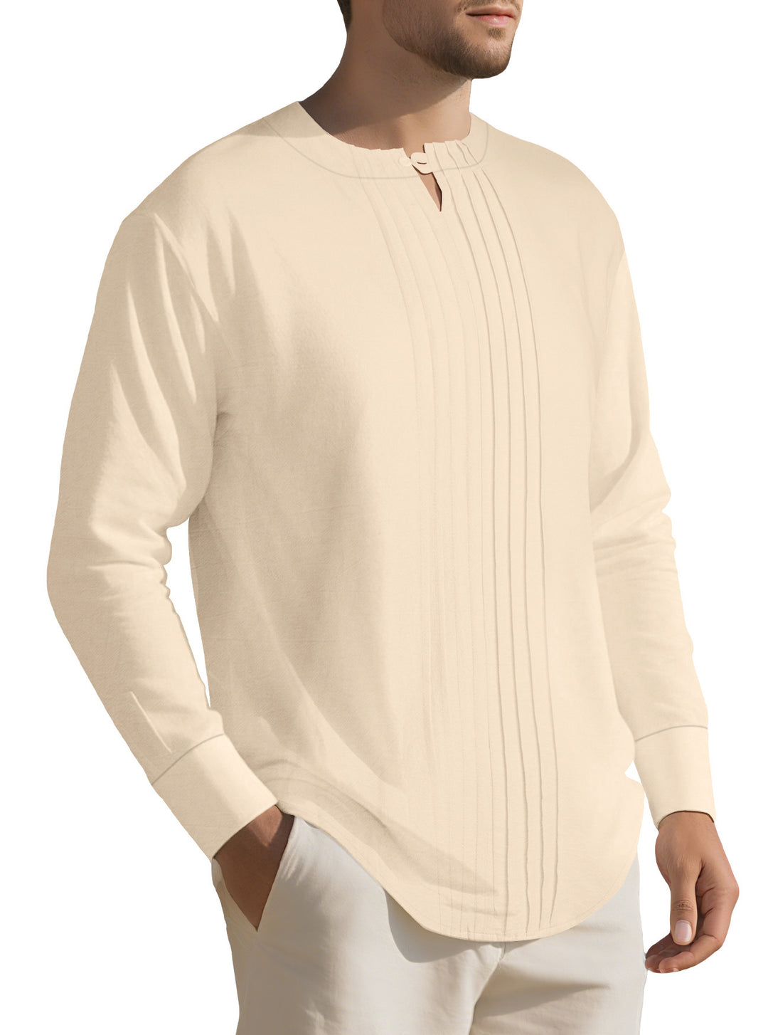 Men's Lightweight Long Sleeve Shirt in Linen Look with Stand-Up Collar, Pleats and Loop Closure Mune Fashion