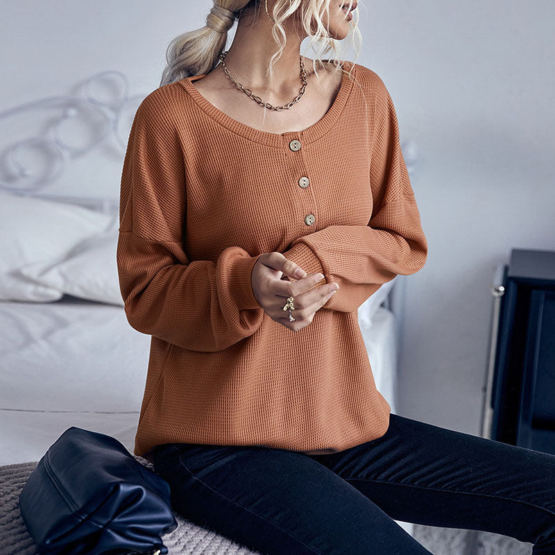 Women's waffle knit pullover with Henley button placket and dropped shoulder Mune Fashion
