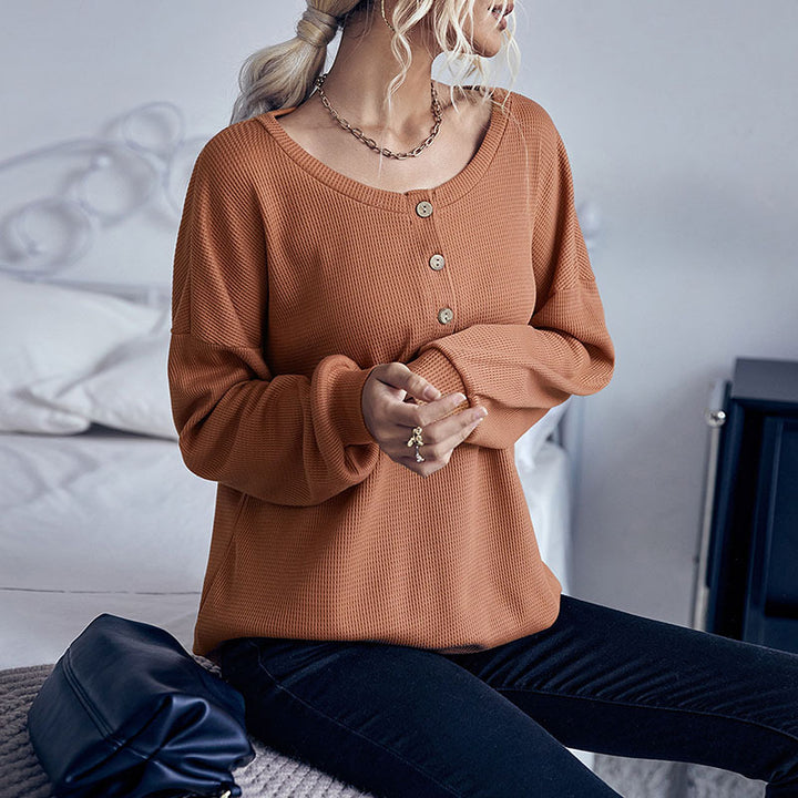 Women's waffle knit pullover with Henley button placket and dropped shoulder Mune Fashion