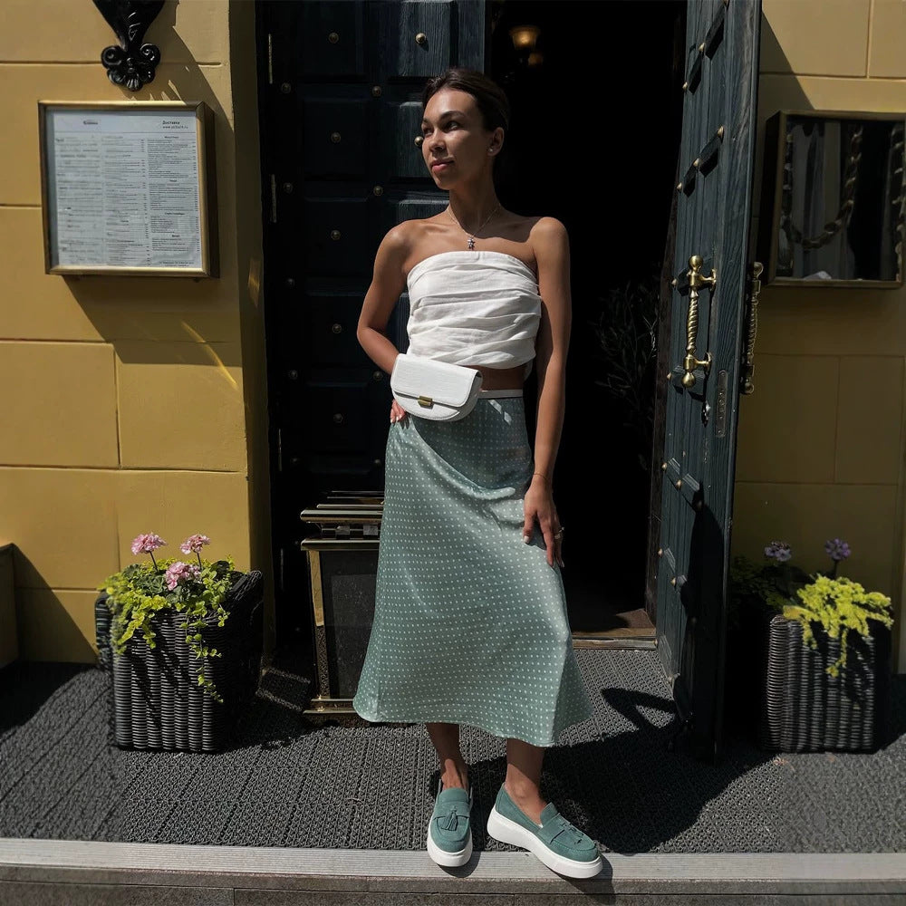 Women's satin midi skirt with polka dot print, tailored fit & flowing bias silhouette Mune Fashion