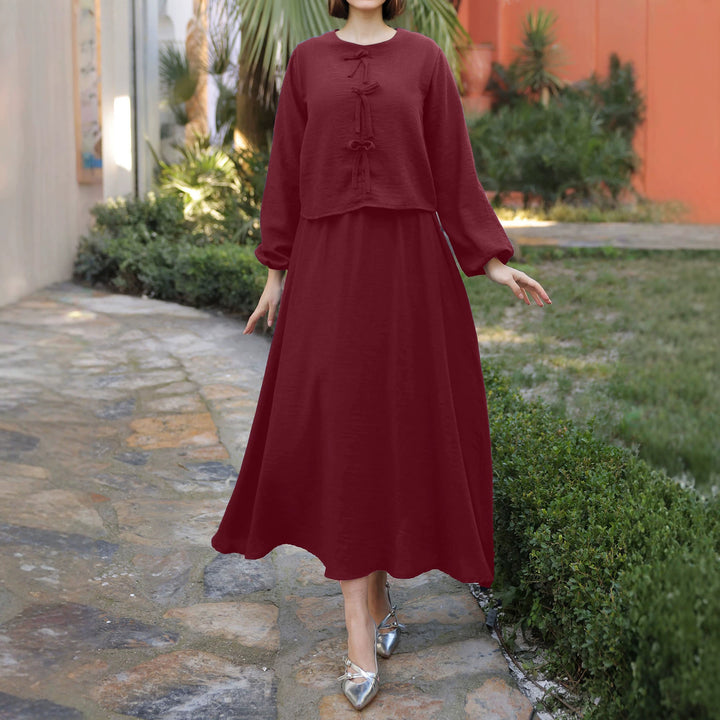 Ladies Long Two-Piece Maxi Dress with Overlay, Round Neck and Decorative Knot