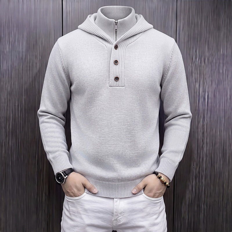 Men's fine knit hooded pullover with half zipper and button placket Mune Fashion