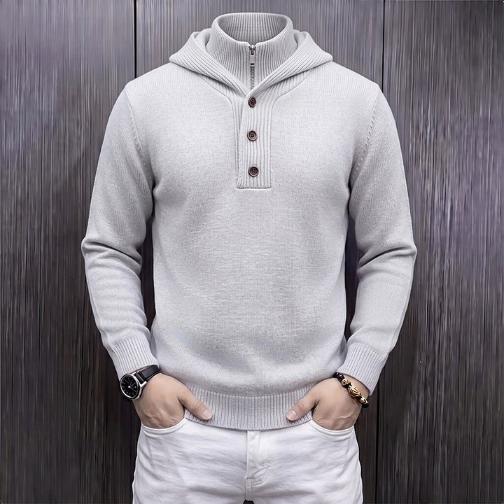Men's fine knit hooded pullover with half zipper and button placket Mune Fashion