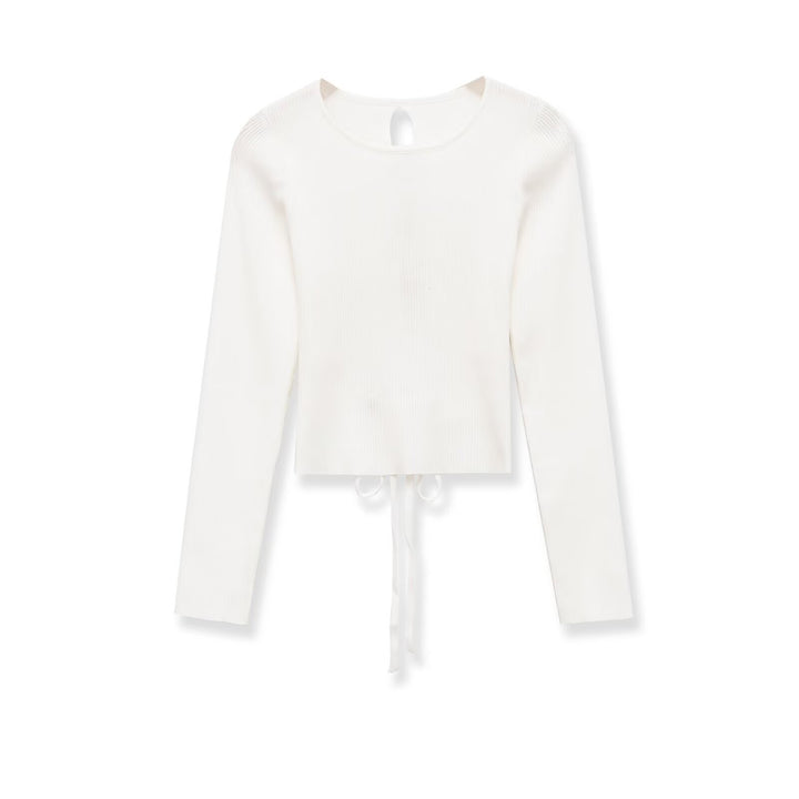 Women Ribbed Long Sleeve Sweater Short Cut with Back Lacing Mune Fashion