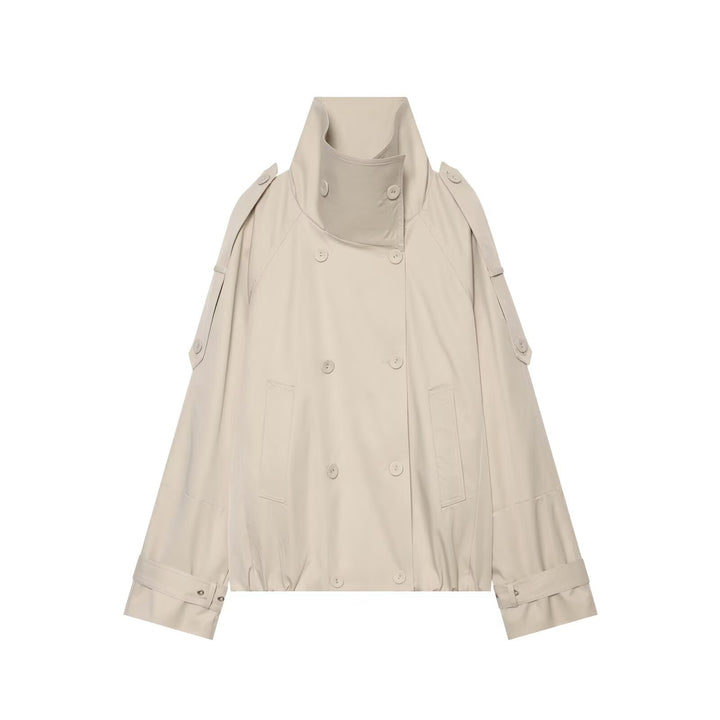 Women's Short Double-Breasted Cape Trench with High Funnel Neck and Sleeve Straps Mune Fashion
