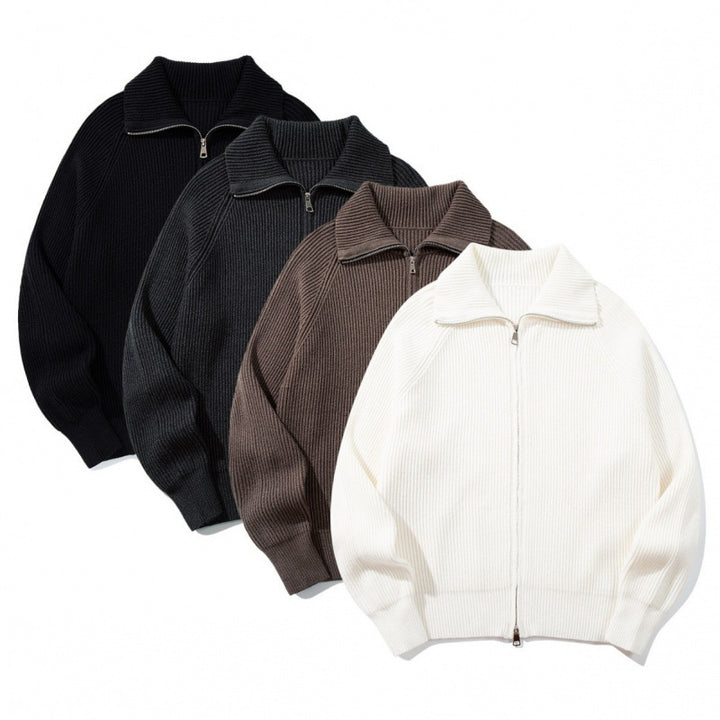 Unisex Ribbed Zip Cardigan with Stand-Up Collar, Raglan Sleeves and Two-Way Zipper Mune Fashion