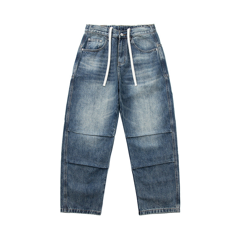 Women Wide Cropped Jeans with High Waist, Quilted Knee Panels and Drawstring Waist Mune Fashion