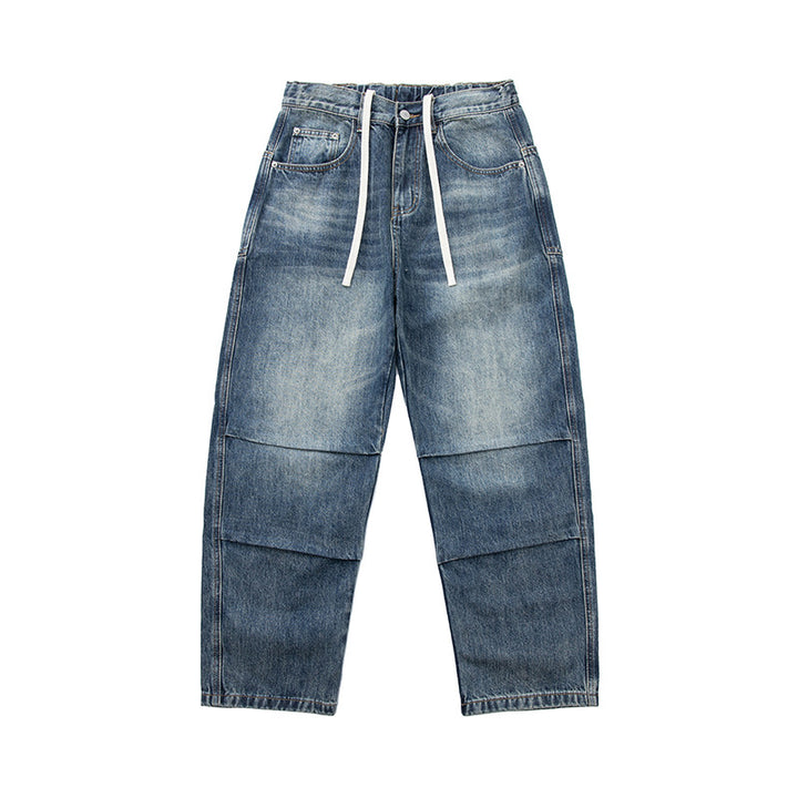 Women Wide Cropped Jeans with High Waist, Quilted Knee Panels and Drawstring Waist Mune Fashion