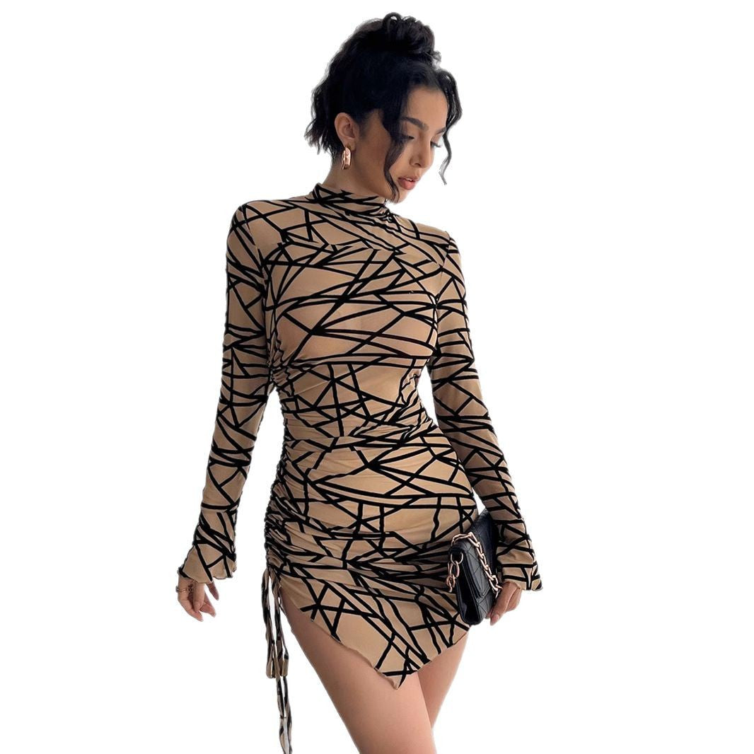 Women’s form-fitting transparent long-sleeve mini dress with turtleneck and side gathering Mune Fashion