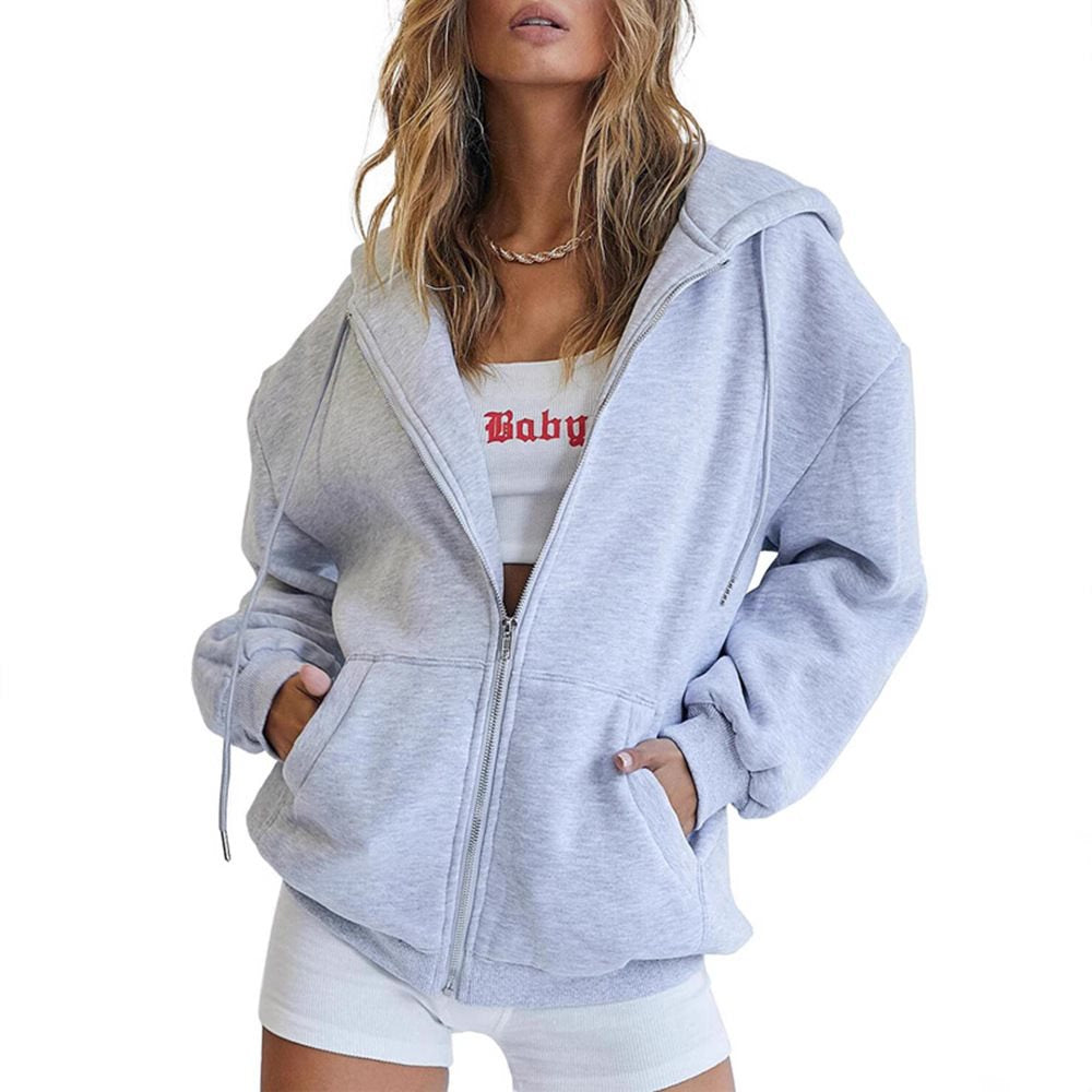 Women's Fleece Zip Jacket in Oversized Style with Hood, Kangaroo Pockets and Elastic Hem Mune Fashion