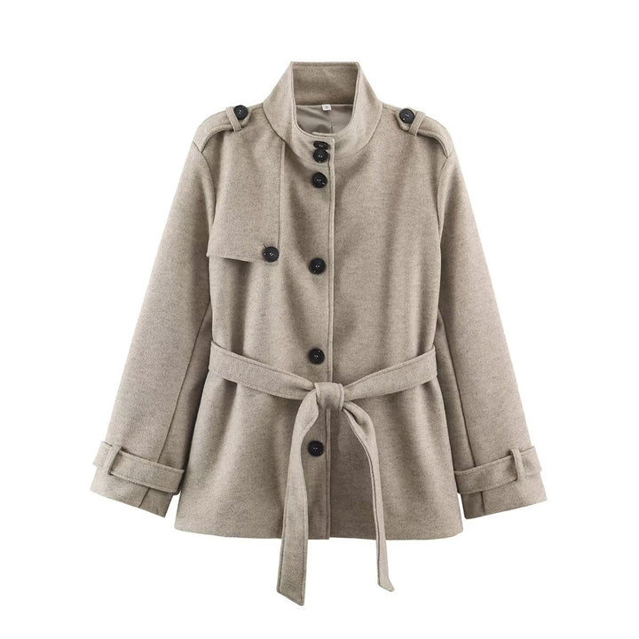 Women's short coat in trench style with tie belt, shoulder pads, and stand-up collar Drune
