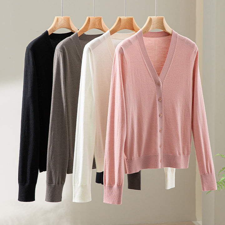 Women’s Minimalist Merino Blend Cardigan with V Neck and Fine Ribbed Detailing Mune Fashion