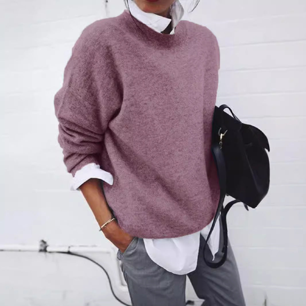 Women's Oversized Fine Knit Sweater with Stand-up Collar and Dropped Shoulder Mune Fashion