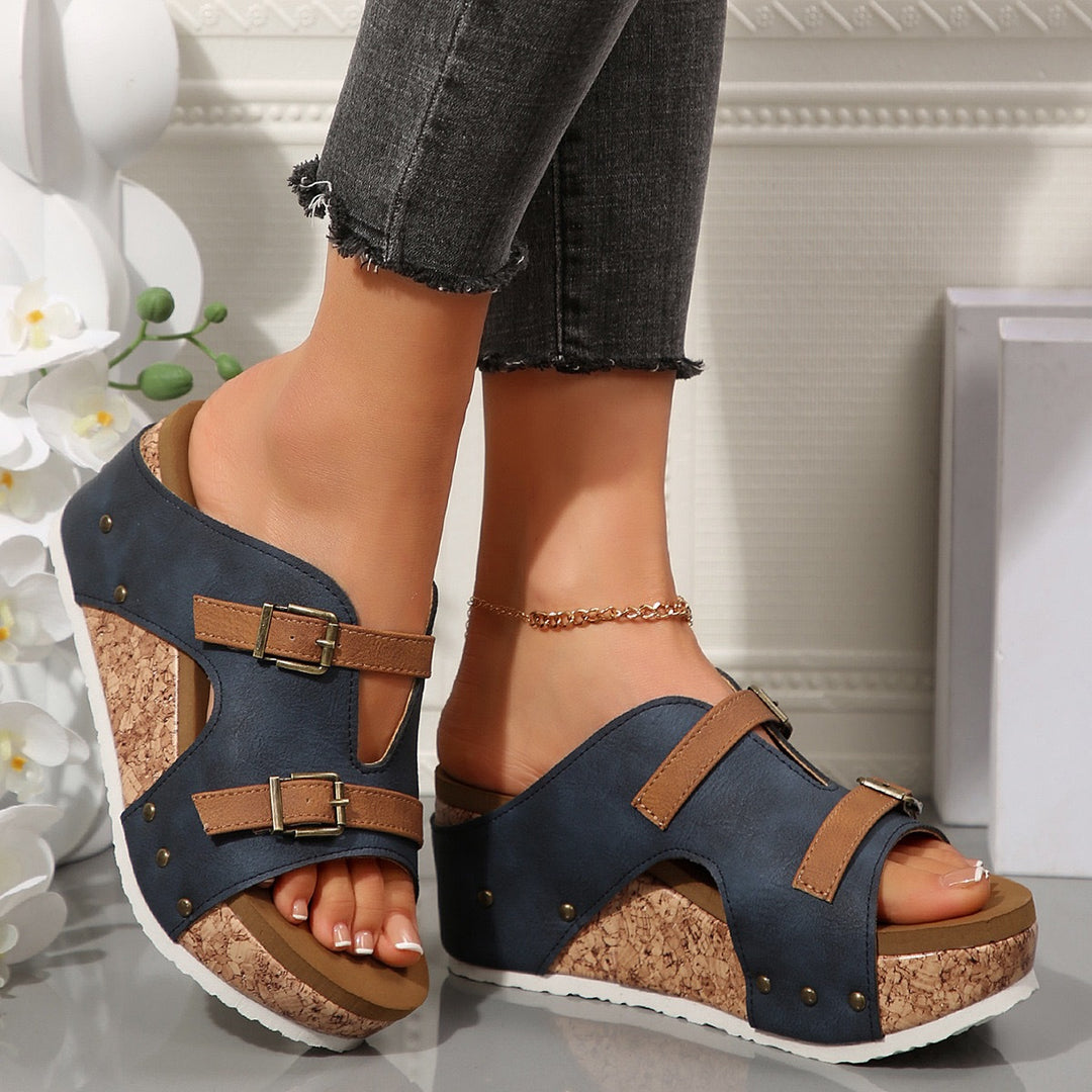 Ladies wedge slide with cork platform, adjustable double straps and padded comfort footbed Mune Fashion