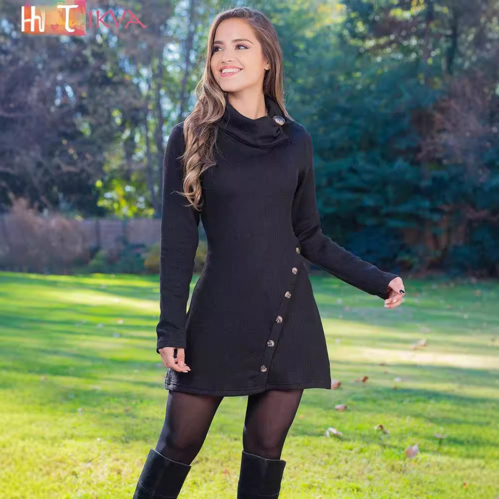 Women's fitted A-line knitted dress with asymmetric decorative button placket and high collar Mune Fashion