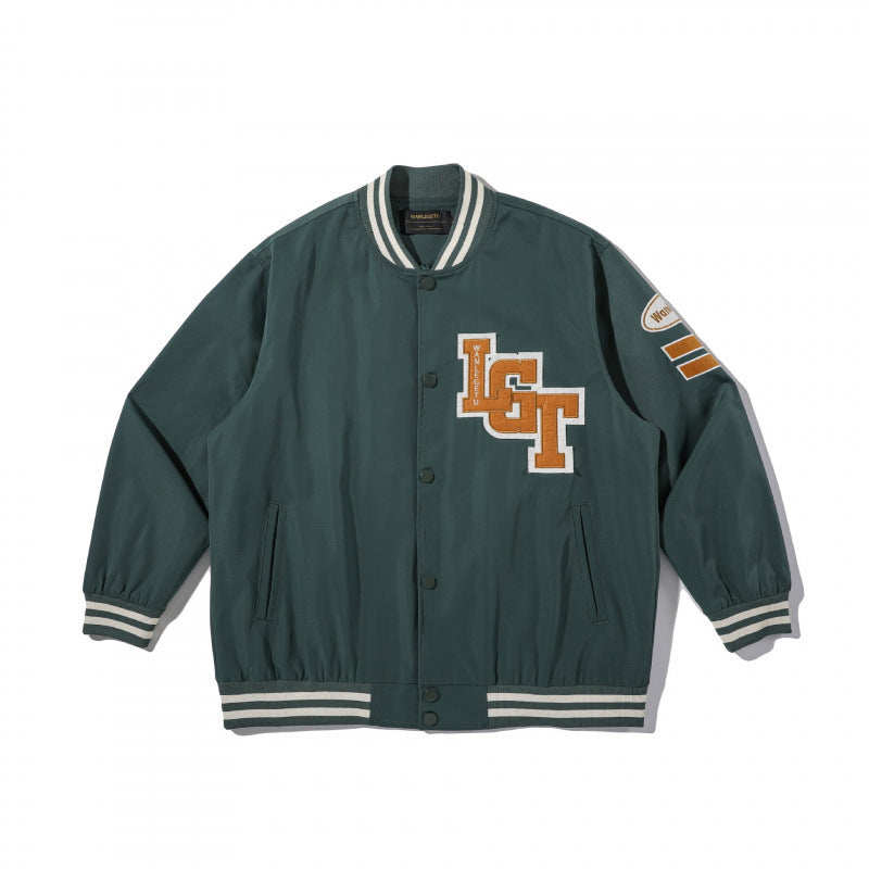 Unisex College Bomber Jacket with quilted patch, striped ribbed hems and snap button placket Mune Fashion